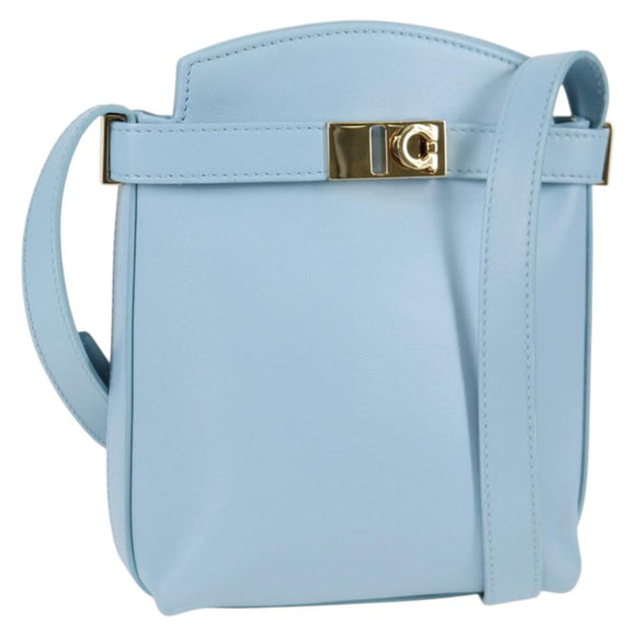 Salvatore Ferragamo Gancini Shoulder Bag Leather Light Blue Gold Auth 135930M
