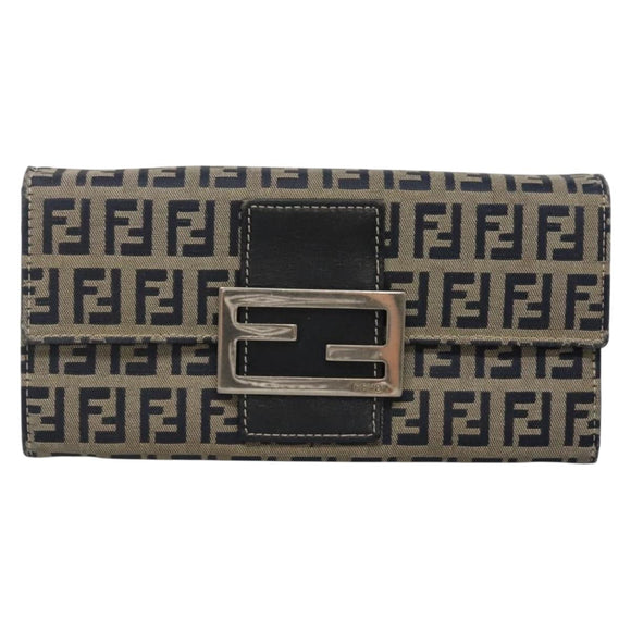 FENDI Zucchino Canvas Long Wallet Navy Silver Auth 135967