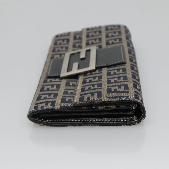 FENDI Zucchino Canvas Long Wallet Navy Silver Auth 135967