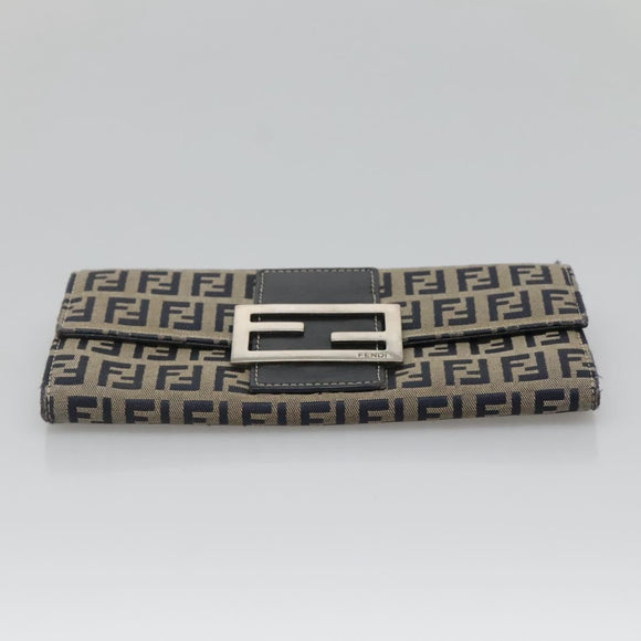 FENDI Zucchino Canvas Long Wallet Navy Silver Auth 135967