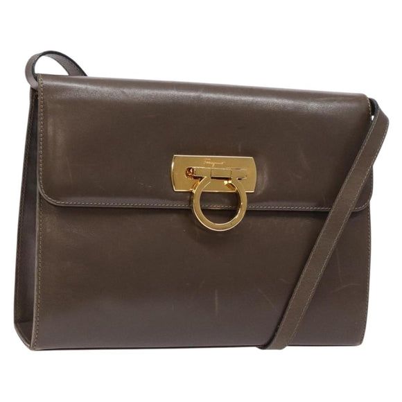 Salvatore Ferragamo Gancini Shoulder Bag Leather Brown Silver Auth 135987