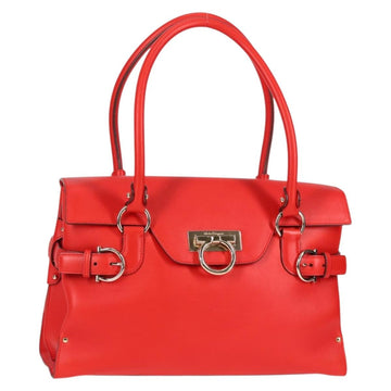 Salvatore Ferragamo Gancini Hand Bag Leather Red Gold Auth 135989V