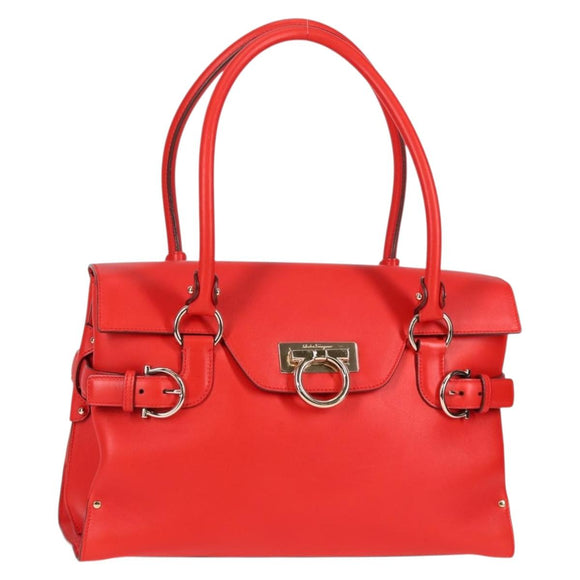Salvatore Ferragamo Gancini Hand Bag Leather Red Gold Auth 135989V