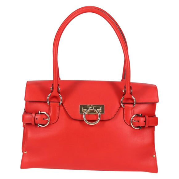 Salvatore Ferragamo Gancini Hand Bag Leather Red Gold Auth 135989V
