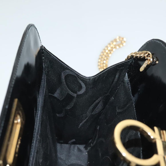 Salvatore Ferragamo Gancini Chain Shoulder Bag Enamel Black Silver Auth 135991