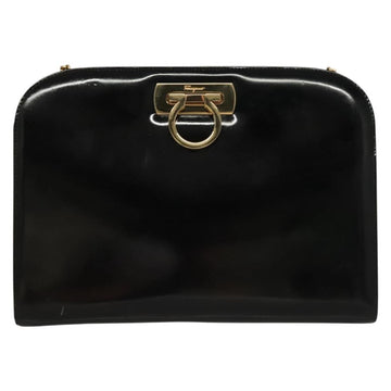 Salvatore Ferragamo Gancini Chain Shoulder Bag Enamel Black Silver Auth 135991 - 0