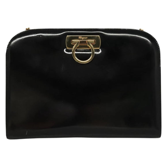 Salvatore Ferragamo Gancini Chain Shoulder Bag Enamel Black Silver Auth 135991