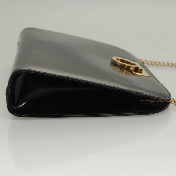 Salvatore Ferragamo Gancini Chain Shoulder Bag Enamel Black Silver Auth 135991