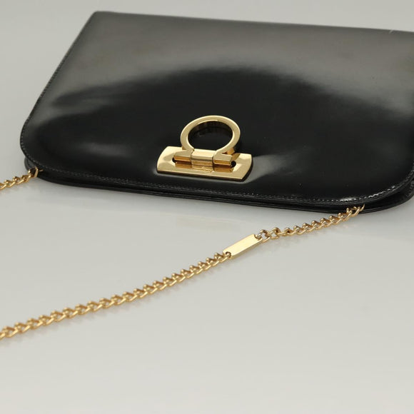 Salvatore Ferragamo Gancini Chain Shoulder Bag Enamel Black Silver Auth 135991