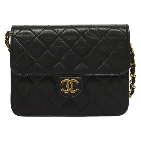 CHANEL Matelasse Chain Shoulder Bag Lamb Skin Black Gold CC Auth 136000