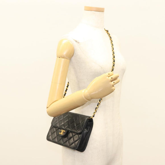 CHANEL Matelasse Chain Shoulder Bag Lamb Skin Black Gold CC Auth 136000