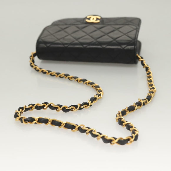 CHANEL Matelasse Chain Shoulder Bag Lamb Skin Black Gold CC Auth 136000
