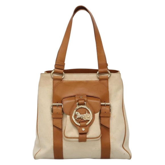 CELINE Tote Bag Canvas Leather Beige Brown gold Auth 136020