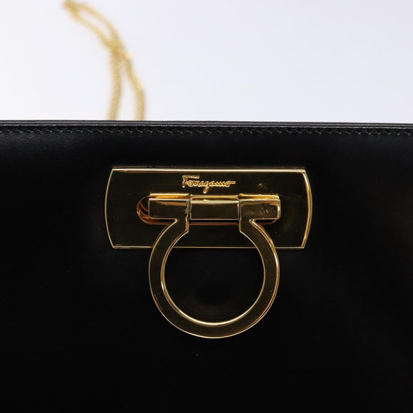 Salvatore Ferragamo Gancini Chain Shoulder Bag Leather Black Gold Auth 136021