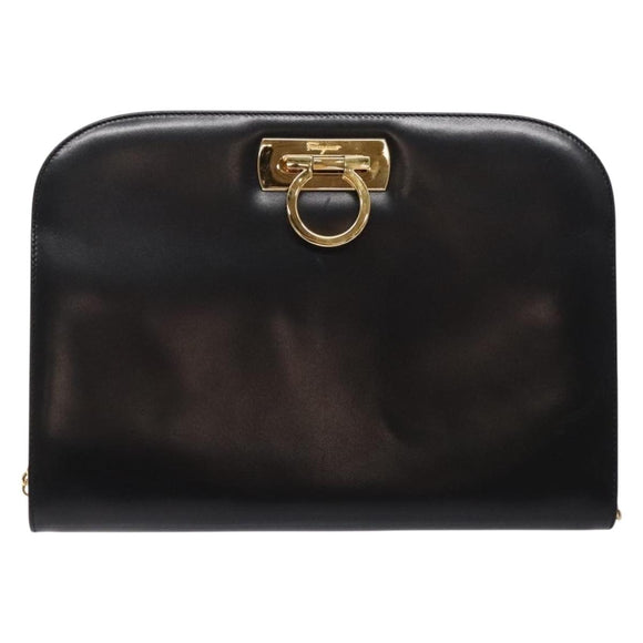 Salvatore Ferragamo Gancini Chain Shoulder Bag Leather Black Gold Auth 136021