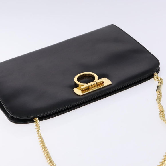 Salvatore Ferragamo Gancini Chain Shoulder Bag Leather Black Gold Auth 136021