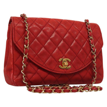 CHANEL Matelasse Chain Shoulder Bag Lamb Skin Red Gold CC Auth 136059