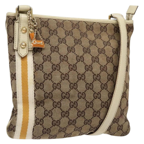 GUCCI GG Canvas Sherry Line Shoulder Bag Beige Gold 144388 Auth 136079