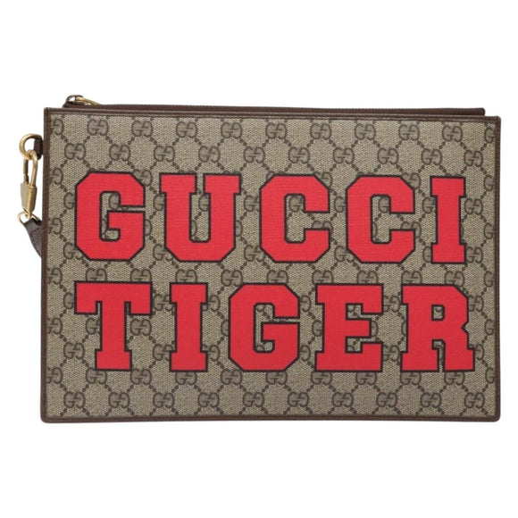 GUCCI GG Supreme Web Sherry Line Clutch Bag PVC Beige Gold 688378 Auth 136081