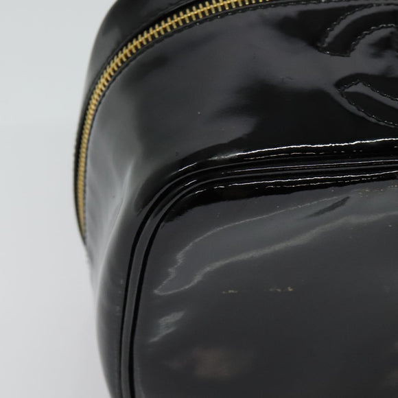 CHANEL Vanity Pouch Patent leather Black Gold CC Auth 136084