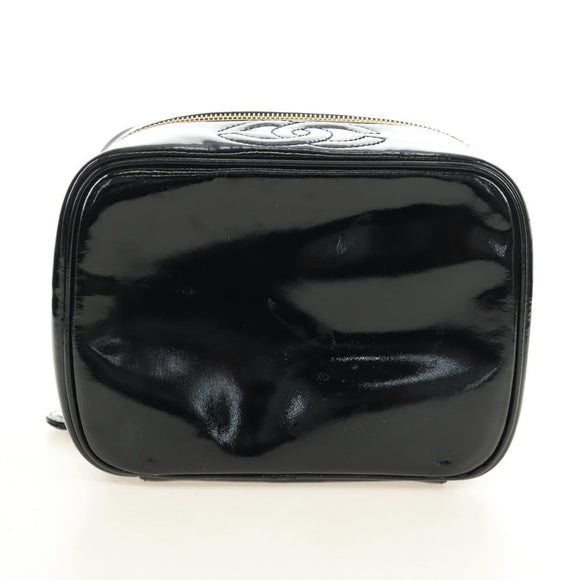 CHANEL Vanity Pouch Patent leather Black Gold CC Auth 136084