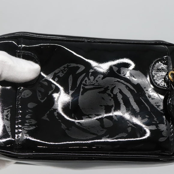 CHANEL Vanity Pouch Patent leather Black Gold CC Auth 136084