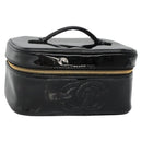 CHANEL Vanity Pouch Patent leather Black Gold CC Auth 136084-1