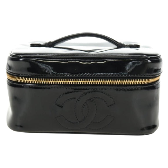 CHANEL Vanity Pouch Patent leather Black Gold CC Auth 136084