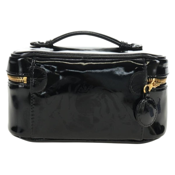 CHANEL Vanity Pouch Patent leather Black Gold CC Auth 136084