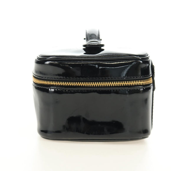 CHANEL Vanity Pouch Patent leather Black Gold CC Auth 136084