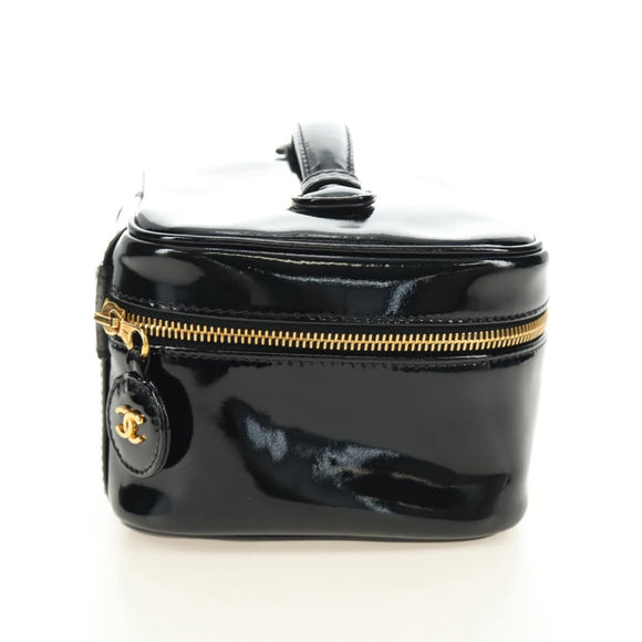 CHANEL Vanity Pouch Patent leather Black Gold CC Auth 136084