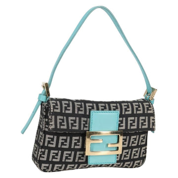 FENDI Zucchino Canvas Mamma Baguette Shoulder Bag Black Gold Auth 136114V
