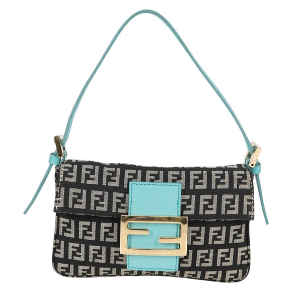 FENDI Zucchino Canvas Mamma Baguette Shoulder Bag Black Gold Auth 136114V