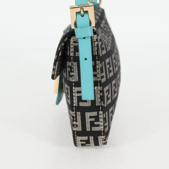 FENDI Zucchino Canvas Mamma Baguette Shoulder Bag Black Gold Auth 136114V