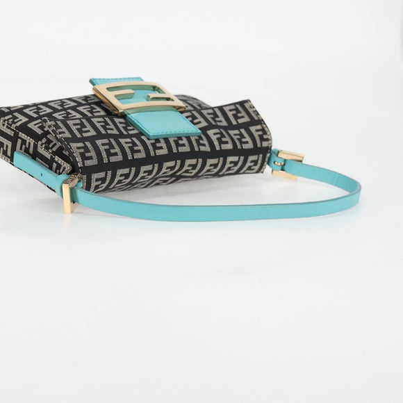 FENDI Zucchino Canvas Mamma Baguette Shoulder Bag Black Gold Auth 136114V