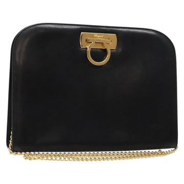 Salvatore Ferragamo Gancini Chain Shoulder Bag Leather Black Gold Auth 136121