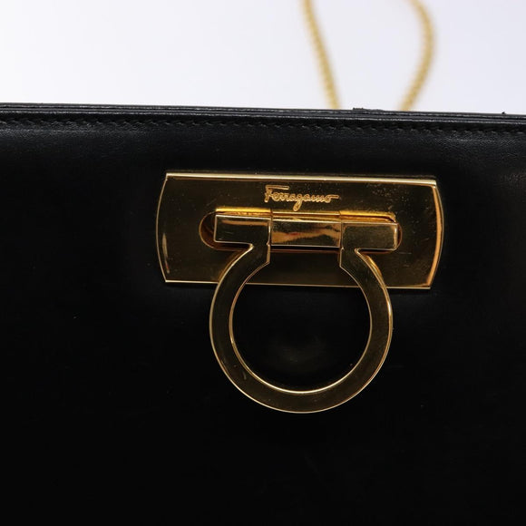 Salvatore Ferragamo Gancini Chain Shoulder Bag Leather Black Gold Auth 136121