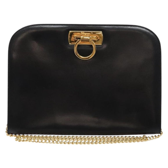 Salvatore Ferragamo Gancini Chain Shoulder Bag Leather Black Gold Auth 136121