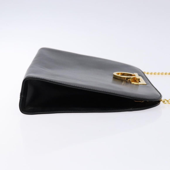 Salvatore Ferragamo Gancini Chain Shoulder Bag Leather Black Gold Auth 136121