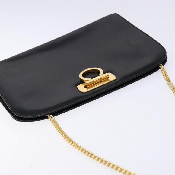Salvatore Ferragamo Gancini Chain Shoulder Bag Leather Black Gold Auth 136121