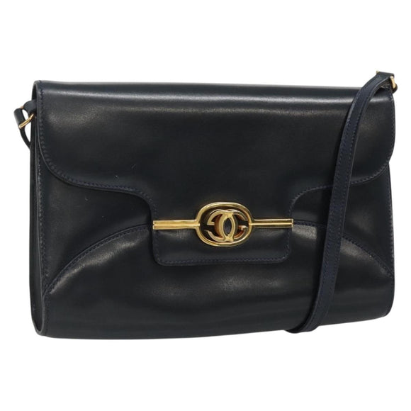 GUCCI Shoulder Bag Leather Navy Gold Auth 136145