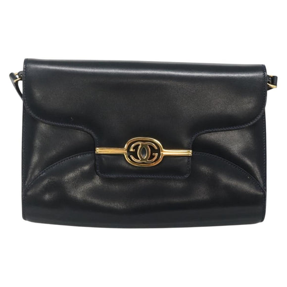 GUCCI Shoulder Bag Leather Navy Gold Auth 136145