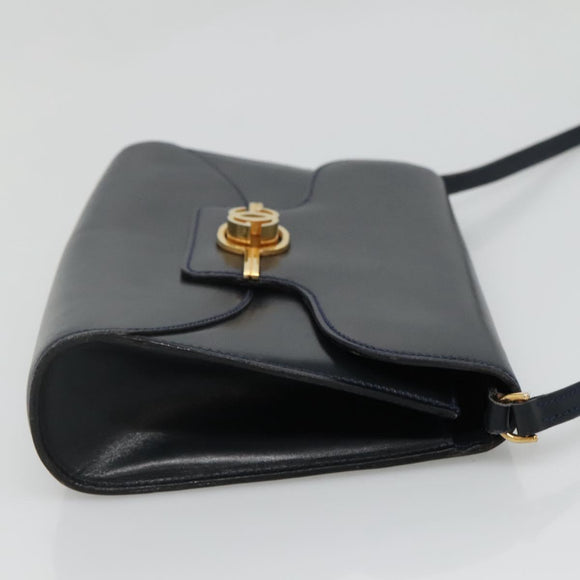 GUCCI Shoulder Bag Leather Navy Gold Auth 136145