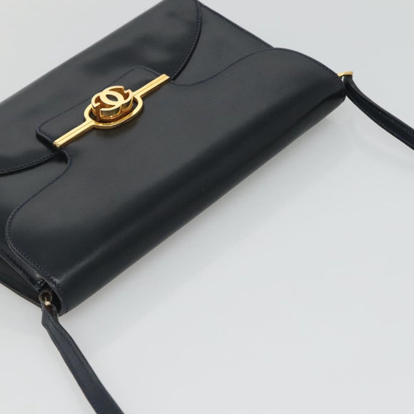 GUCCI Shoulder Bag Leather Navy Gold Auth 136145