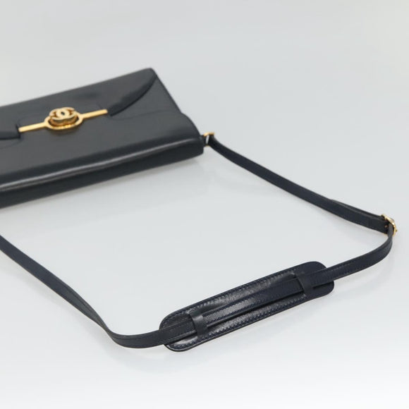 GUCCI Shoulder Bag Leather Navy Gold Auth 136145