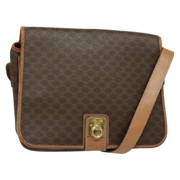 CELINE Macadam Canvas Shoulder Bag PVC Leather Brown Gold Auth 136153