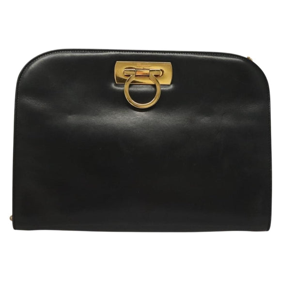 Salvatore Ferragamo Chain Shoulder Bag Leather Black Gold Auth 136157