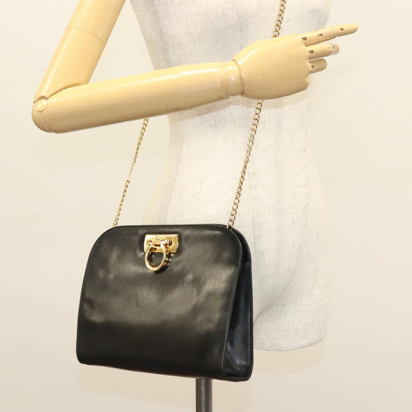 Salvatore Ferragamo Chain Shoulder Bag Leather Black Gold Auth 136157