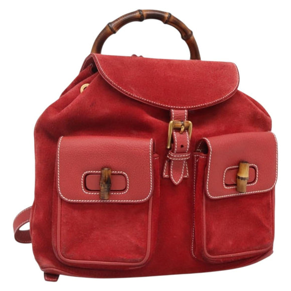 GUCCI Bamboo Backpack Suede Red Gold 003 2058 0016 Auth 136160