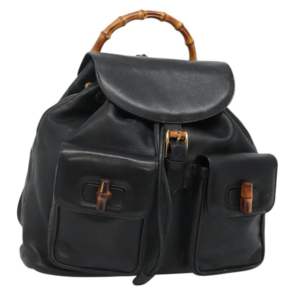 GUCCI Bamboo Backpack Leather Black Gold 003 2058 0016 Auth 136184
